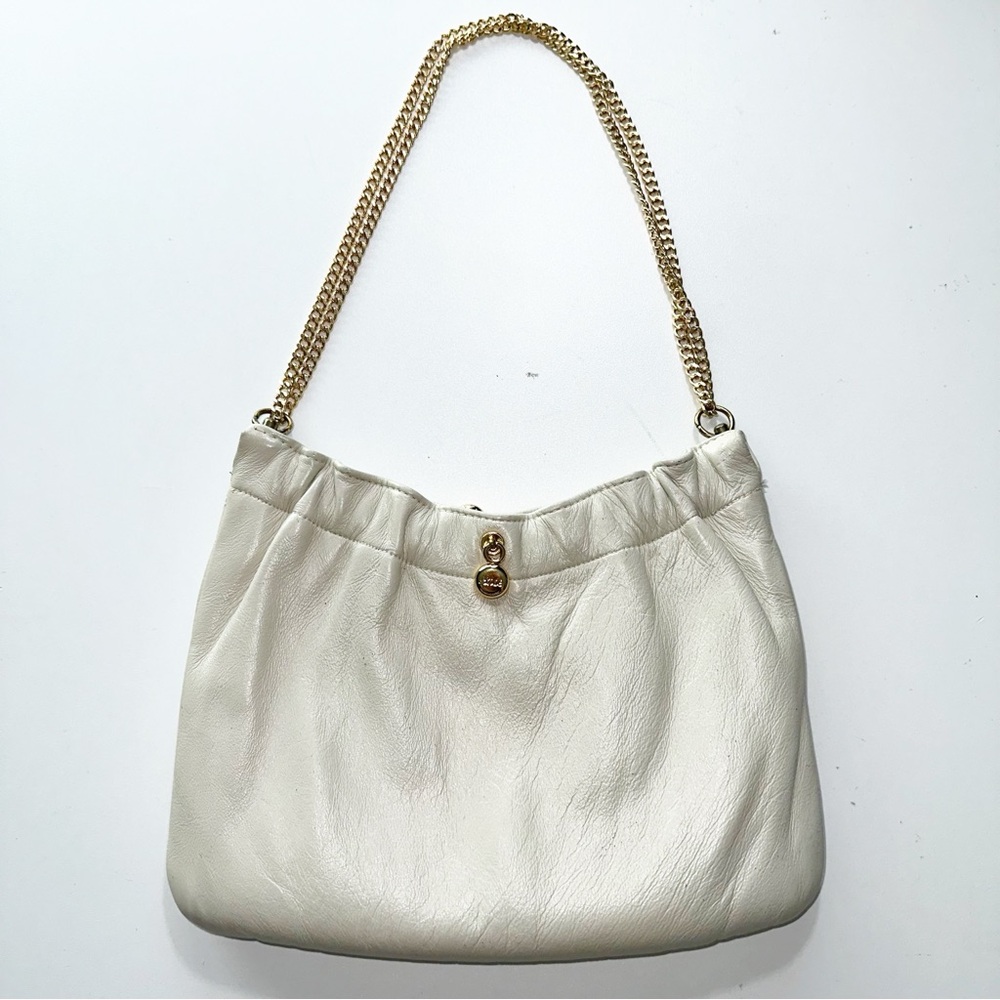 Vintage Cream ivory leather Shoulder Bag with Gold Chain